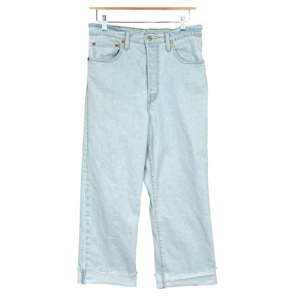 Levis Ribcage Straight Raw Hem Ankle Jeans Womens 30x26 Light Wash Button Fly
